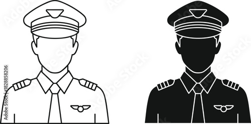 Pilot icon, aviation uniform, airline captain, flight crew illustration, black and white vector, aviation profession, travel industry, pilot symbol