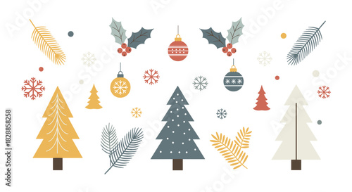 Collection of festive christmas holiday illustrations featuring stylized trees, ornaments, snowflakes, and holly in a minimalist flat design with a muted, retro color palette