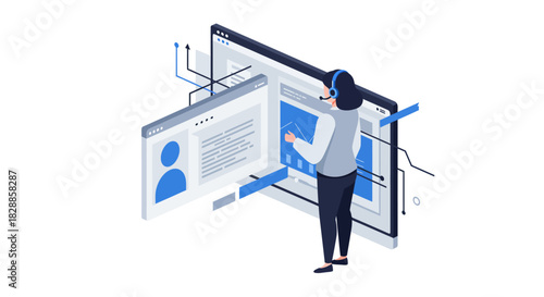 Isometric Illustration of Customer Service Representative with Headset.