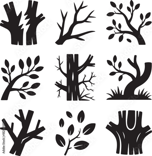 Black and white tree silhouettes representing different tree types in vector