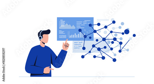 Man with Headset Pointing at Data Analysis Illustration.