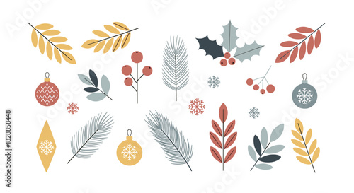 Collection of christmas holiday decorative elements featuring minimalist ornaments, holly, berries, pine branches, and snowflakes in a modern flat design style with a muted color palette