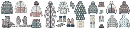 Assortment of winter clothing items including jackets boots mittens and hats with various patterns