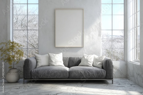 Modern living room with gray sofa and blank wall art overlooking winter trees.