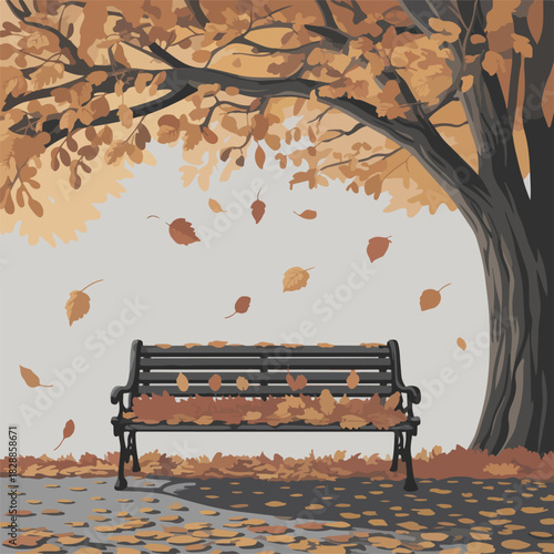 Empty wooden park bench on the grass under autumn trees