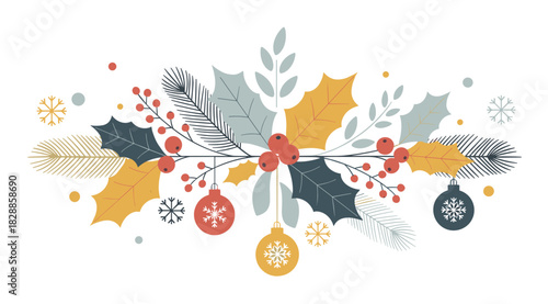 Festive christmas holiday arrangement with holly leaves, berries, pine branches, and hanging baubles in a modern, elegant flat illustration style with a retro color palette