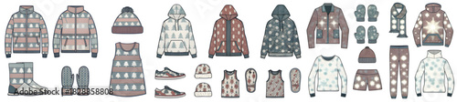 Assortment of winter clothing items with various patterns and designs displayed on a white background