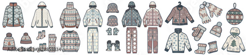Illustration of winter clothing apparel including jackets hoodies pants hats gloves and ornaments