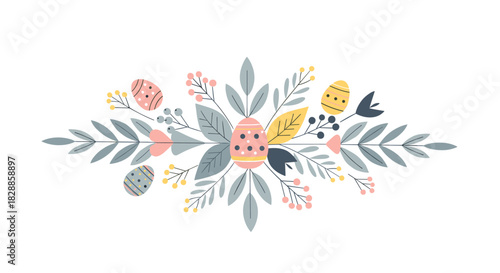 Decorative easter floral arrangement with patterned eggs, leaves, and berries forms a beautiful symmetrical composition in a modern, flat vector style with a pastel color palette