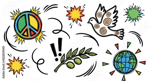 Colorful hand-drawn doodle set of peace symbols including a dove, olive branch, globe, and sign in a vibrant, sketchy cartoon style for global harmony concepts