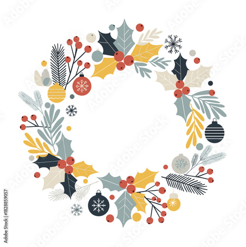 Festive christmas wreath illustration with holly, berries, pine branches, and ornaments in a modern flat design style for seasonal holiday greetings and winter celebrations