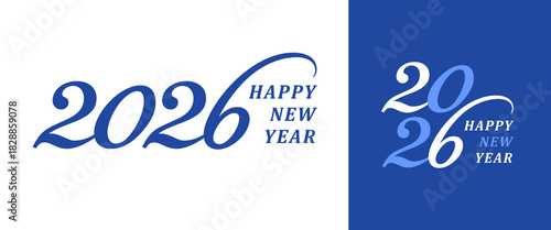 2026 Happy New Year logo text design on white background and Blue background. Perfect for use in banners, media covers, or promotional materials.
