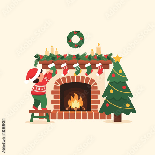 Adorable child hangs Christmas stocking by cozy fireplace with lit candles