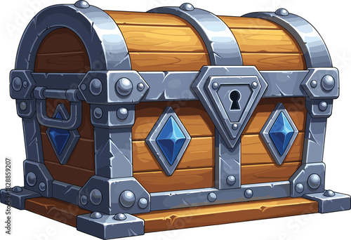 Stylized treasure chest, wooden body, metal bands, triangle lock, blue gems, fantasy loot, adventure reward, ornate design, vector art