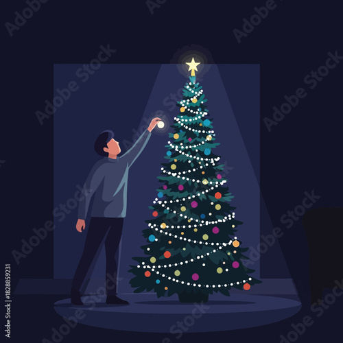 Young man decorating a colorful Christmas tree with ornaments at home