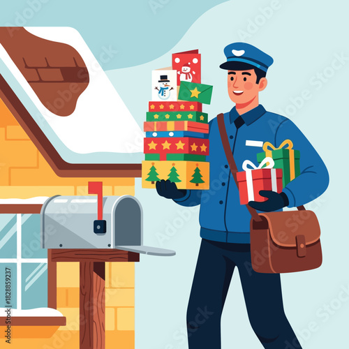 Cheerful mail carrier delivering holiday gifts in snowy winter weather