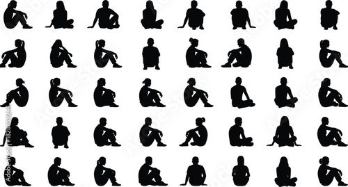 Seated pose silhouettes, body language icons, sitting figure variations, posture reference, gesture illustration, black silhouette grid, artistic anatomy