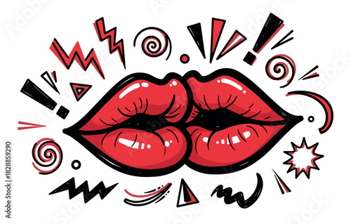 Plump red lips in a pop art comic style illustration with a glossy finish, surrounded by energetic hand-drawn doodle elements like lightning bolts and exclamation marks