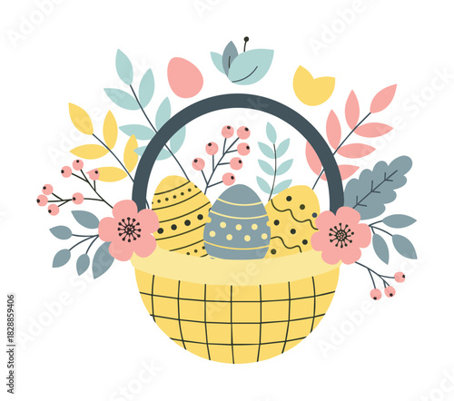 Festive wicker easter basket illustration filled with patterned eggs, blooming flowers, and botanical elements in a cute, flat graphic design