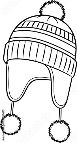 Winter hat, trapper hat, ear flap hat, pom pom, cold weather gear, warm accessory, knitted hat, vector illustration, black and white, line art, seasonal fashion, headwear, thermal wear,