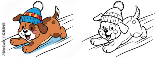 Cartoon cute dog sliding on ice wearing a winter hat. Vector illustration with black and white outline version for coloring book page.