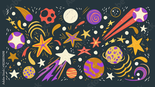 Colorful hand drawn illustration of planets stars and cosmic elements