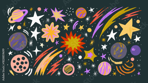 Colorful space illustration featuring planets stars and cosmic bursts