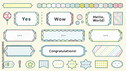 Colorful speech bubbles banners and decorative elements in a playful design