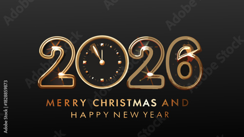 Golden 2026 new year celebration with clock and christmas greetings