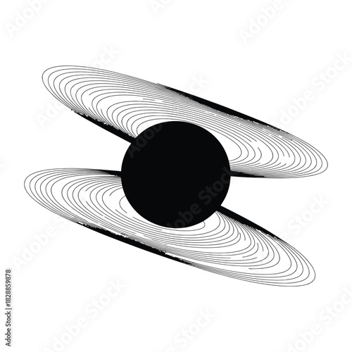 Abstract black circle with orbiting elliptical rings isolated on white background