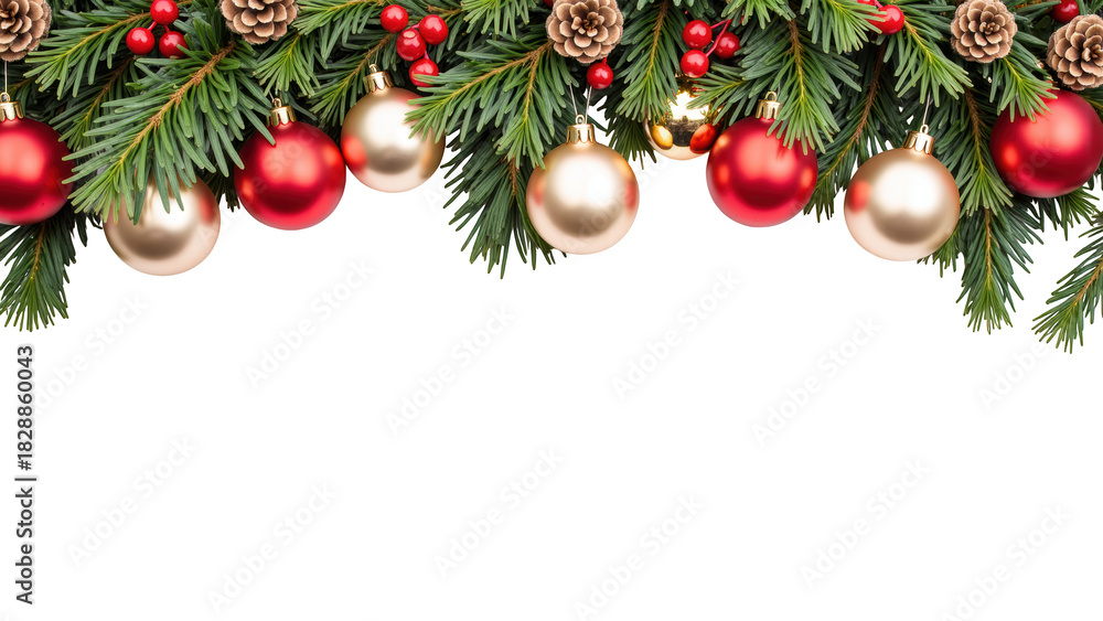 Fototapeta premium Festive Christmas decorations featuring pine branches, red and gold ornaments, and pine cones create joyful holiday atmosphere