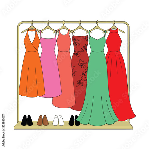 Vector illustration set of woman fashion clothing collection including dress, skirt, pants, shirt, and jacket silhouettes for summer style design