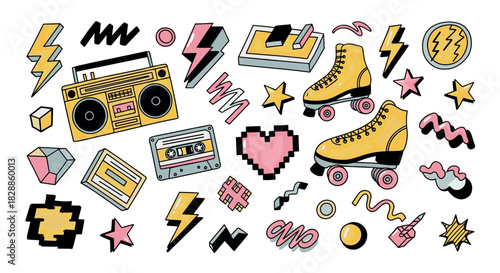 Collection of retro 80s style doodles featuring a boombox, roller skates, and cassette tapes in a fun, colorful hand-drawn illustration set with stars and lightning bolts