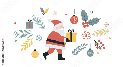 Festive christmas elements collection featuring santa claus with a present, decorative baubles, snowflakes, and winter foliage in a charming minimalist flat design style