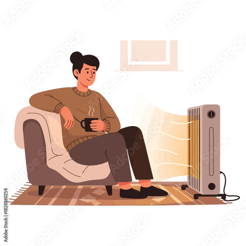Relaxing at home with hot drink and heater on a cold winter day