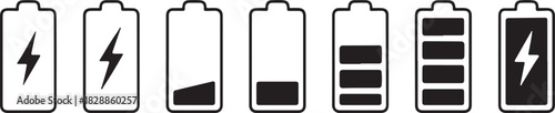 Battery status indicator icons set displaying various charge levels, from empty to full, including charging process symbols, for device power management. isolated on white background