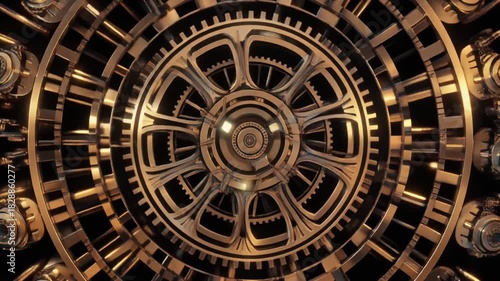 Steampunk golden mechanism spinning with intricate details and dynamic movement