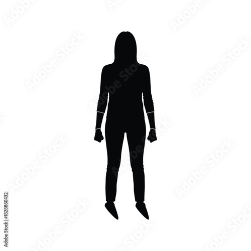 Full body silhouette of a woman standing with her hands clenched and arms at her sides against a white background