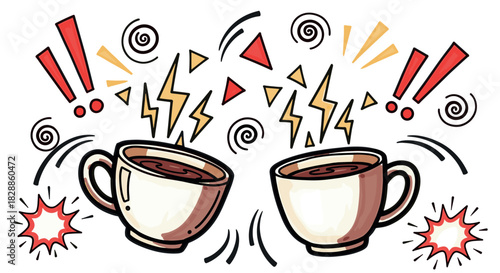 Two energetic hand-drawn coffee cups clinking together in a dynamic comic book style illustration with lightning bolts, exclamation marks, and spirals representing a powerful caffeine boost