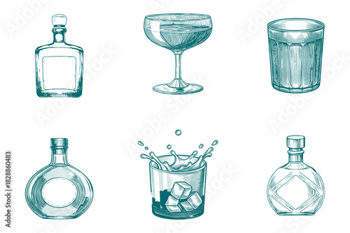 Pure mineral drinking water in glass cup and jug illustration. Whiskey bottles and glass, vector sketch. Eps 10
