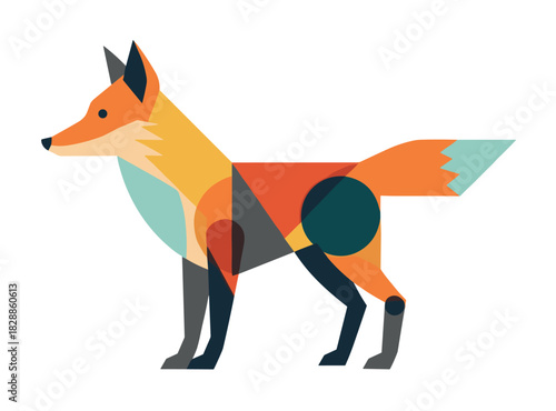 Stylized geometric fox illustration made of colorful overlapping shapes in a modern flat design style, showcasing a creative and abstract representation of a wild animal