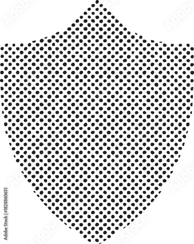 Black and white polka dot shield graphic illustration for security, protection, and defense concepts, featuring a modern abstract design. isolated on white background