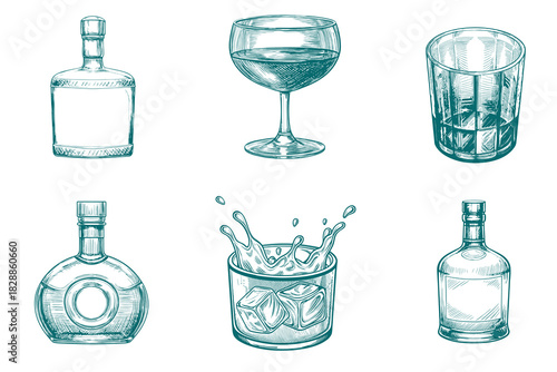 Pure mineral drinking water in glass cup and jug illustration. Whiskey bottles and glass, vector sketch. Eps 10