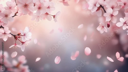 Gentle pink cherry blossoms gracefully falling in soft light with a dreamy atmosphere
