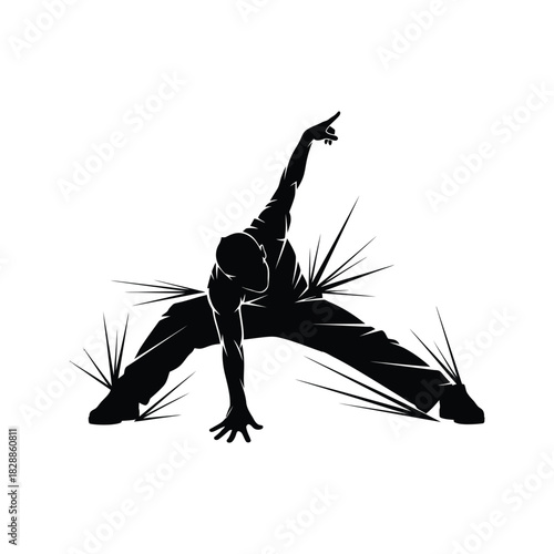 Dynamic silhouette of a person in a wide stance reaching upwards with one arm and pointing