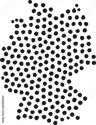 Stylized germany map silhouette formed by irregular black dots, minimalist graphic illustration of european country's geographic outline isolated on white background