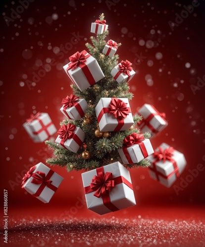 christmas tree and white gift boxes with red bows levitating against red background. Season greetings concept