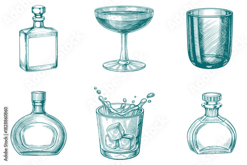 Vintage hand drawn engrave isolated drink set vector illustration. Pure mineral drinking water in glass cup and jug. Eps 10