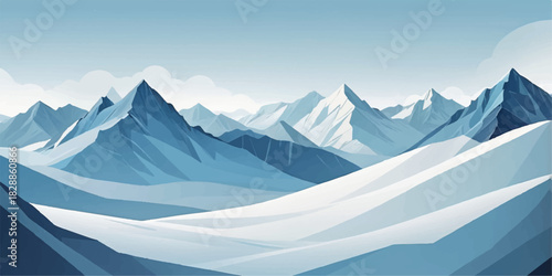 Minimalist winter landscape illustration of snow-covered rolling hills and serene blue mountain peaks.