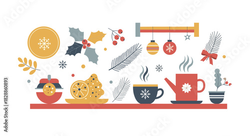 Festive collection of winter holiday elements featuring a steaming teapot, hot drink, cookies, ornaments, and holly in a modern flat design with a cozy, scandinavian feel